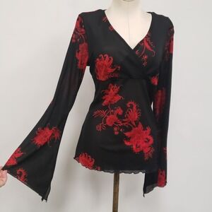 VTG PS Per Seption Y2K Whimsigoth Dragon Mesh Babydoll Top Size XL Fairy Grunge